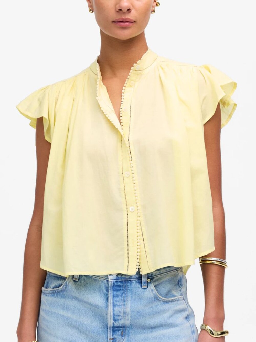 Madewell Shirred Lace Trim Lightweight Cotton Blend Top Yellow Size XL